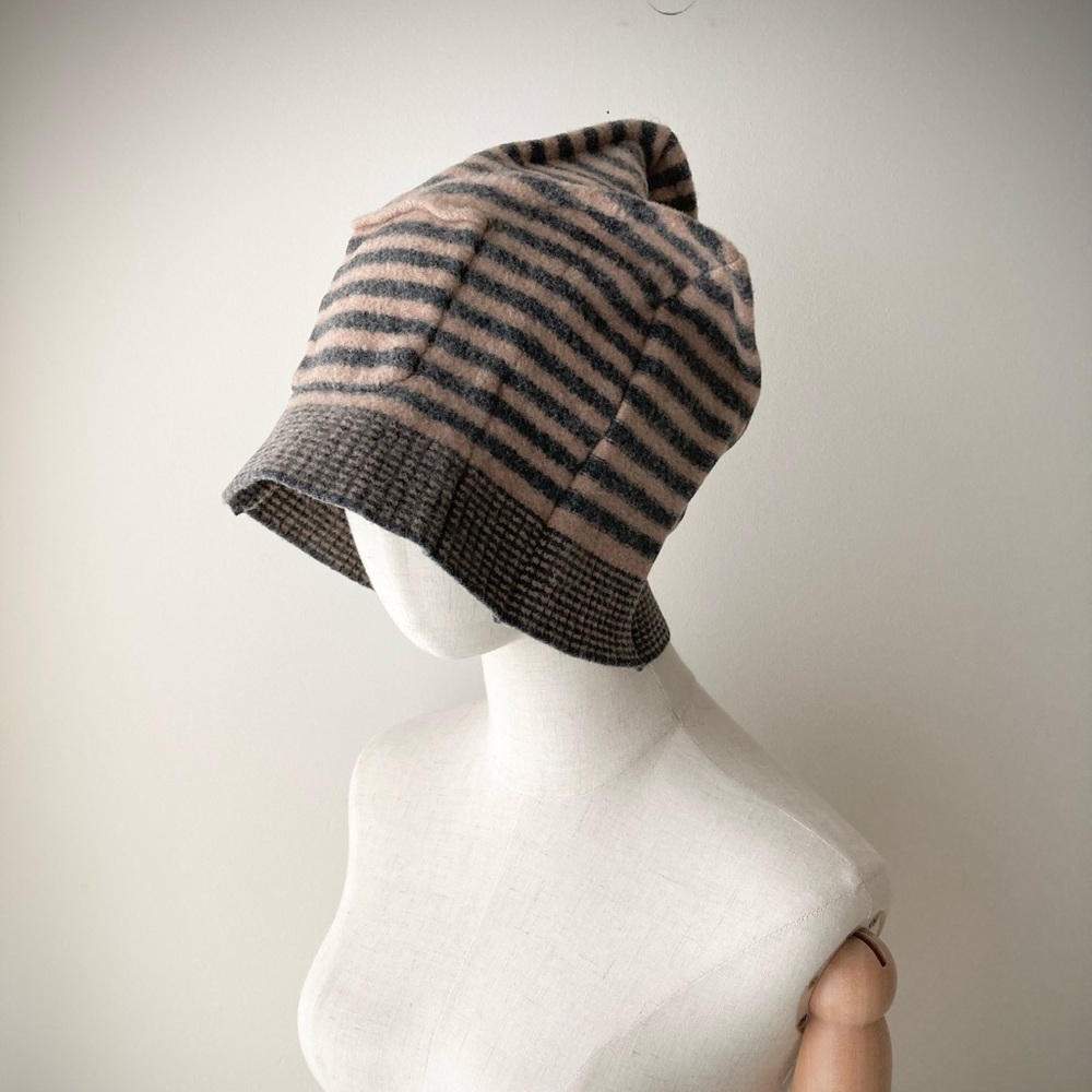 joodito origami crown wool sweater hat bucket beanie cap cloche striped gray tan - Picture 7 of 13